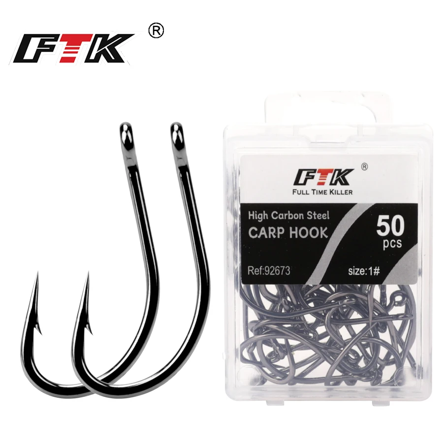 FTK-anzuelo de pesca con mosca de acero de alto carbono, gancho de púas afilado, curvado, púas anchas, púas reforzadas, carpa, pez corriente, 50 unids/lote por caja