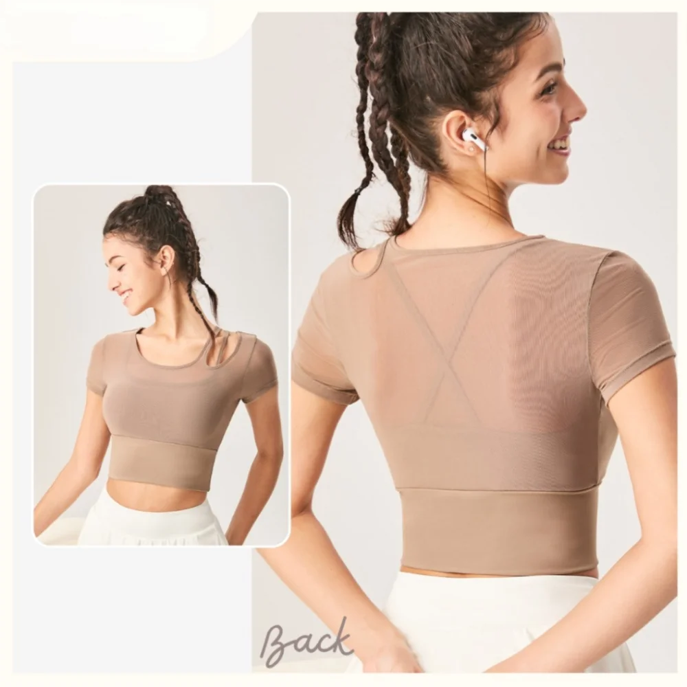 Correr con sujetador deportivo camisa de Yoga ahueca hacia fuera la camisa deportiva transpirable de manga corta de hilo de malla Pilates Top deportes al aire libre - imagen 5