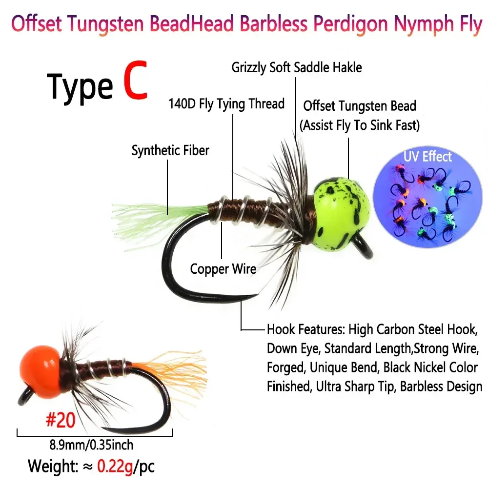 Bimoo 5PCS # 20 Offset cabeza de cuentas de tungsteno sin púas Perdigon Ninfa mosca hundimiento rápido Midge Ninfa para trucha Bluegill señuelo de pesca - imagen 5