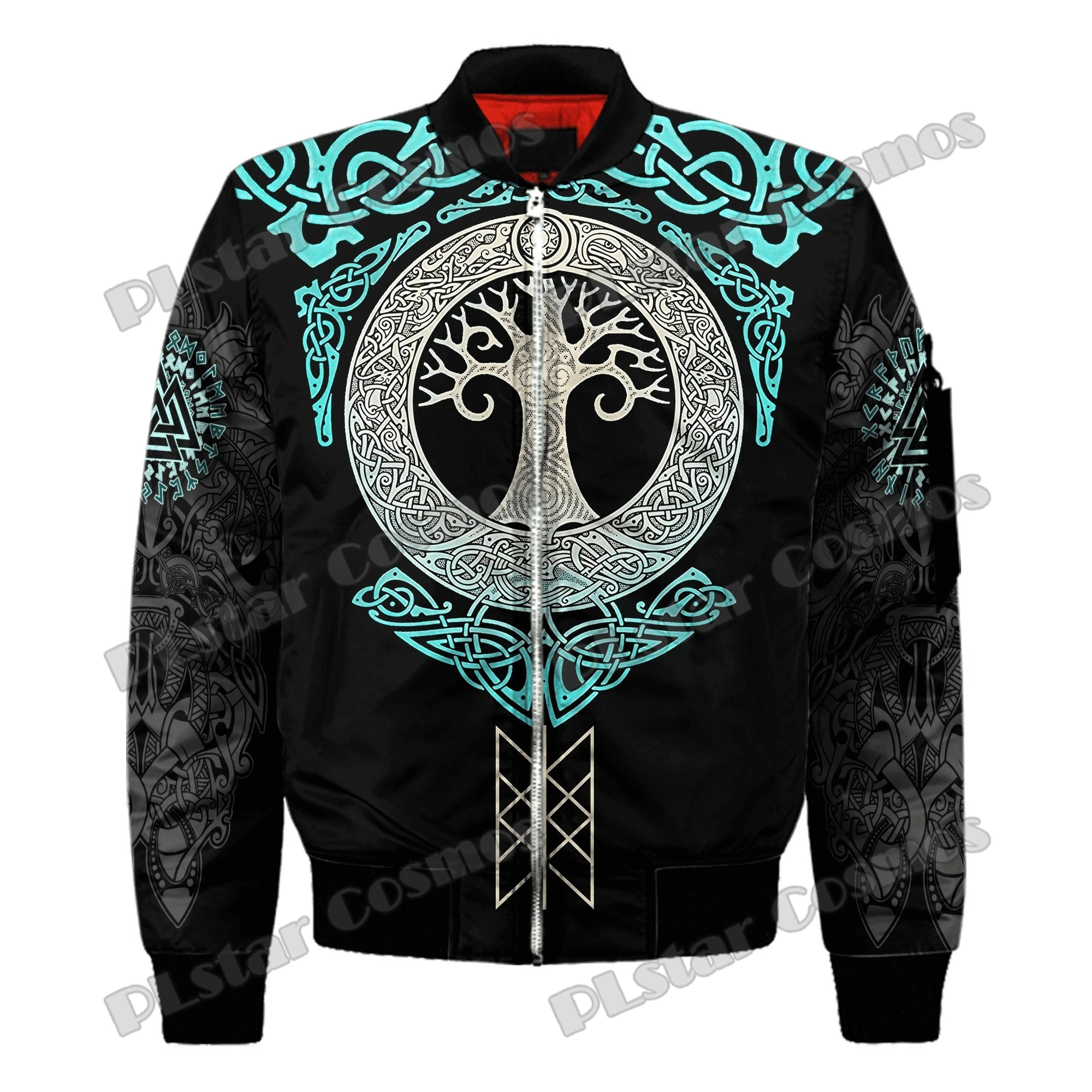 Chaqueta Bomber de invierno para hombre Muninn Raven Tattoo Vegvisir rojo estampado 3D bolsillo grueso abrigo con cremallera Unisex Casual chaqueta cálida con cremallera FX-07