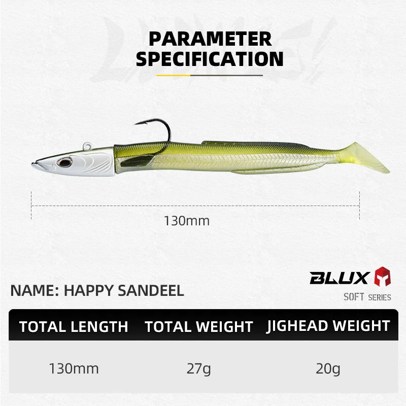 BLUX Happy Sandeel 13cm 27g suave Anguila viva señuelo de pesca paleta cola Jig cabeza gancho vinílicos vibración cebo Artificial equipo de agua salada - imagen 3