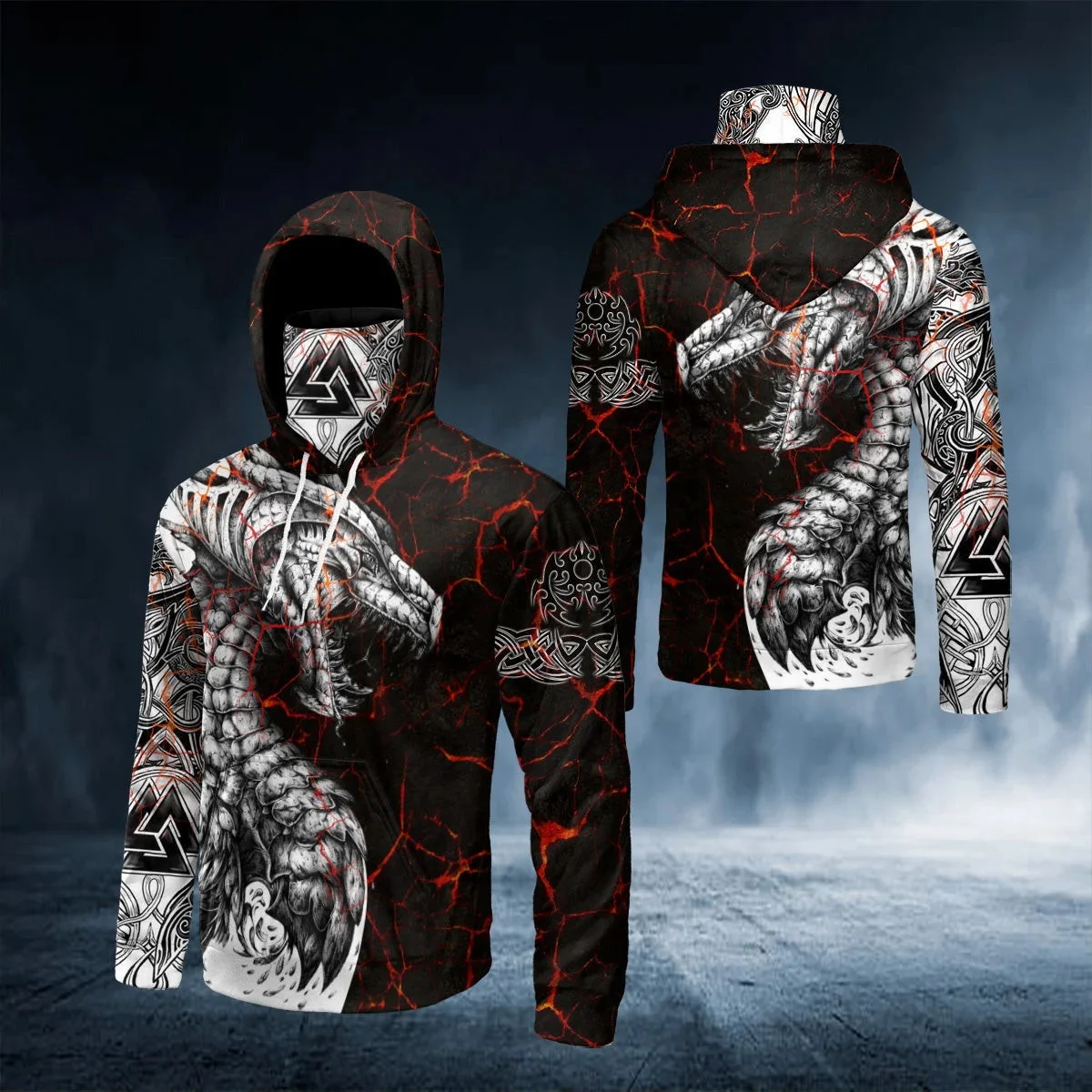 Blanco y negro tatuaje dragón 3D completamente estampado adulto cuello polaina Sudadera con capucha invierno Unisex Casual cálido grueso Sudadera con capucha con máscara ZZ01