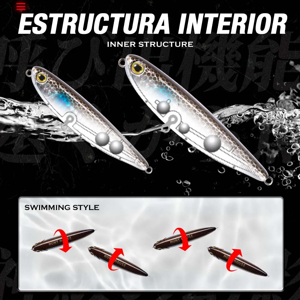 Hunthouse Topwater lápiz señuelo de pesca 60/90/100mm 6,4/12,4/18.8g cebo flotante de superficie señuelos de agua superior para pesca lubina Pike alimentador - imagen 4