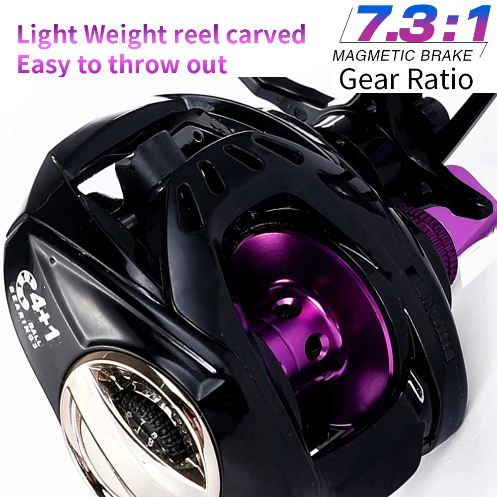 Carrete de pesca Baitcasting, arrastre máximo de 8kg, relación de engranaje de alta velocidad 7,3: 1, sistema de freno magnético para agua salada, pesca de carpa ultraligera - imagen 4