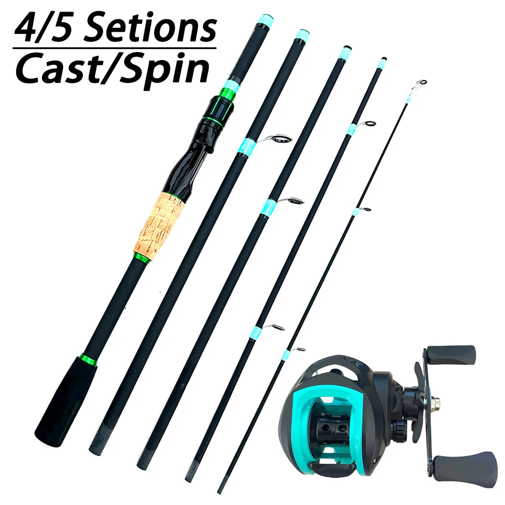 Combo de caña de pescar con señuelo de 4/5 secciones, caña de pescar ML giratoria/fundida de fibra de carbono de 1,8/2,1 m y carrete de Baitcasting, arrastre máximo de 10kg para lubina - imagen 2