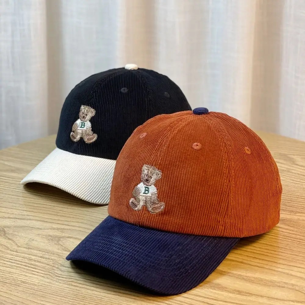 Gorra de béisbol con oso bordado informal, sombrilla de viaje de ala ancha transpirable, sombrero de pana ajustable para deportes al aire libre