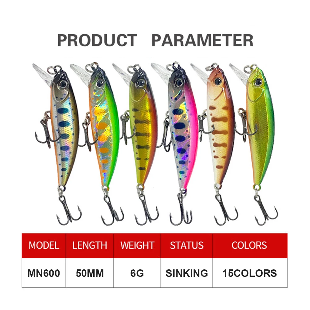 Señuelos de pesca de 5cm y 6g que se hunden, Micro pececillo Wobbler, cebo duro Artificial, Jerkbait, accesorios de pesca, Mini cebo para lubina MN600 - imagen 3