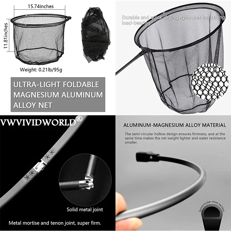 Red de pesca de carbono portátil de 4,85-6,2 m, red de mano para tierra de pesca, aparejos de pesca con mango de poste telescópico plegable - imagen 5