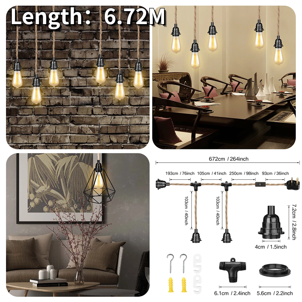 Luz colgante de techo, accesorio de iluminación E27, Kit de portalámparas suspendido con cable de enchufe, cuerda de cáñamo, enchufe del Reino Unido - imagen 2