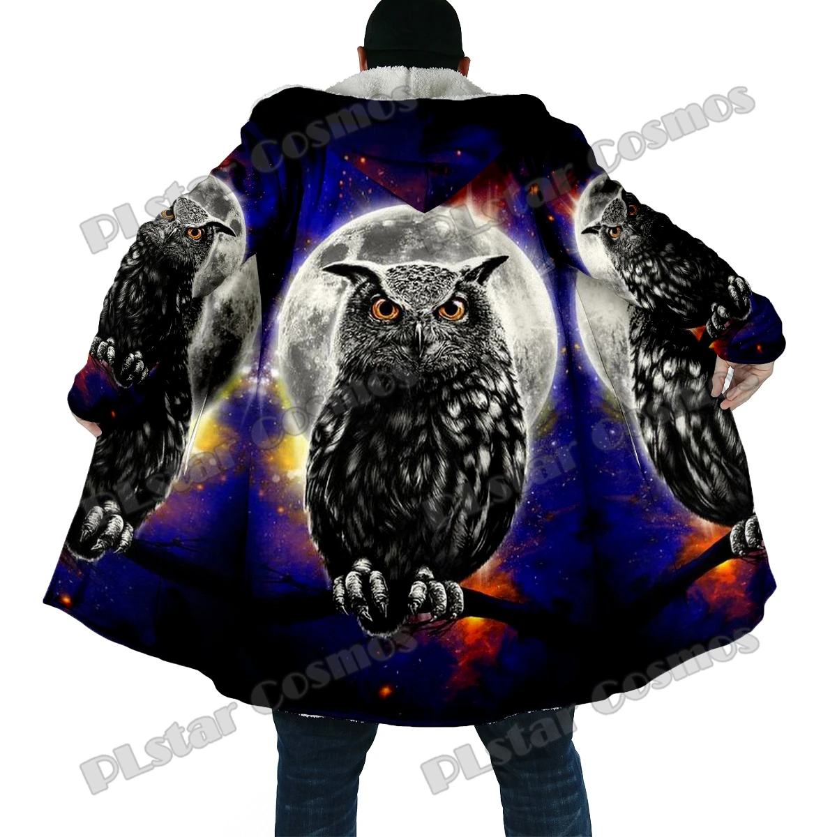 DP63 Capa de invierno con capucha Lana gruesa con estampado 3D de búho
