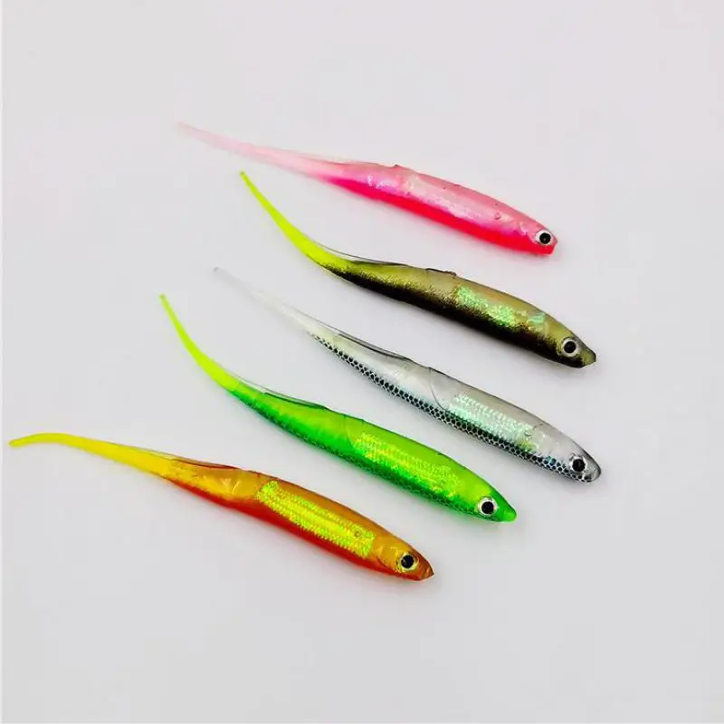 Cebo de Pesca suave de cola en T de Color arcoíris, 1 piezas, 2,2g, 10cm, Swimbait, gusano oscilante de lentejuelas, Señuelos de Pesca giratorios - imagen 2
