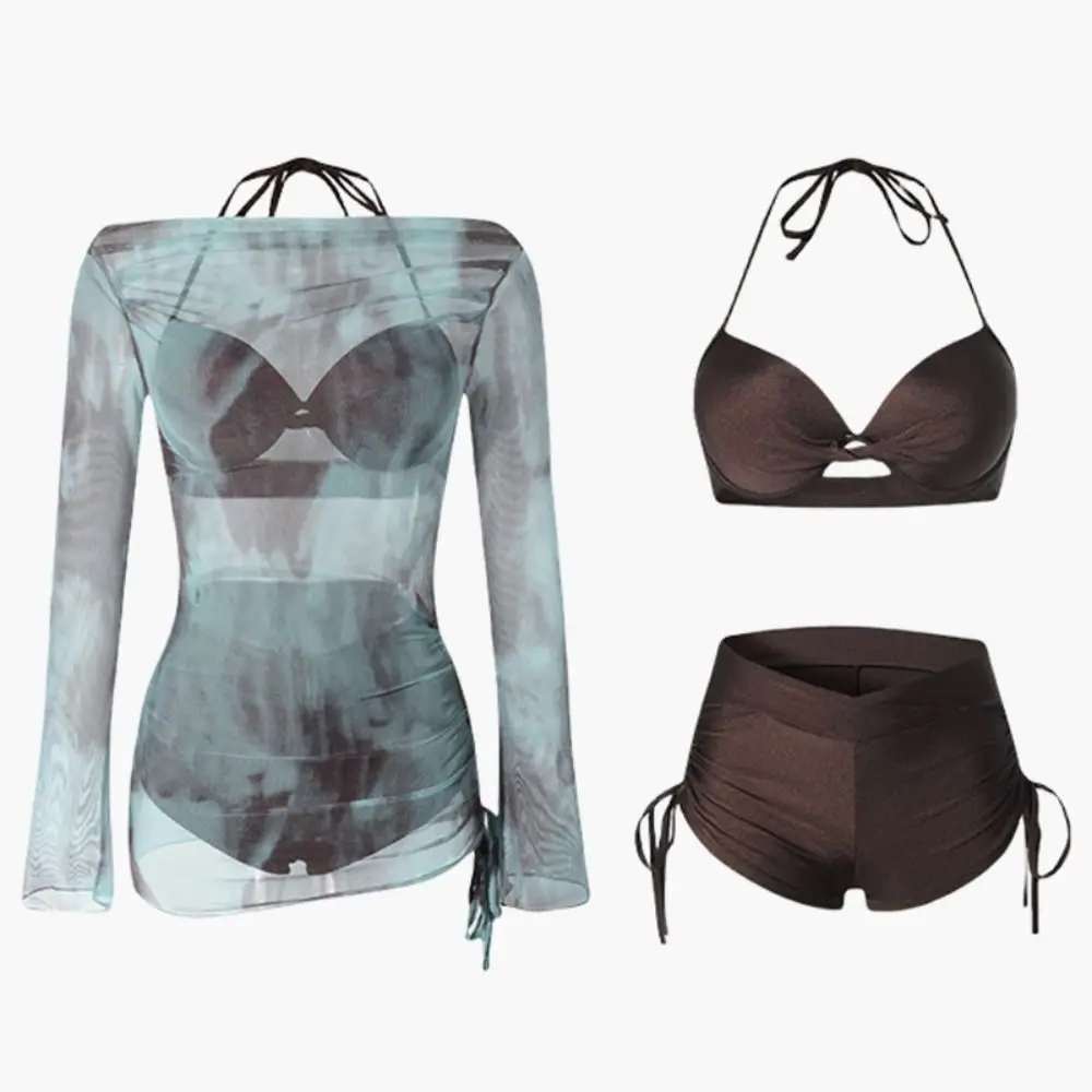 Bikini de malla transparente de estilo Sexy, diseño que oculta la barriga, diseño adelgazante, conjunto de Bikini dividido, traje de baño ajustado de estilo dividido de tela de malla