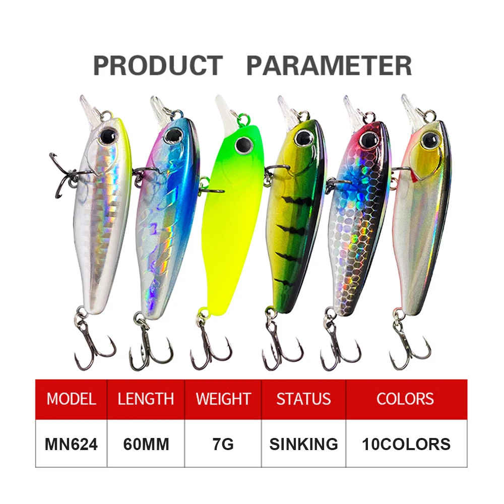 Señuelos de Pesca que se hunden Minnow Wobbler, cebo duro Artificial pequeño de fundición larga, Jerkbait, accesorios de pesca, carpa, lubina, MN624, 6cm, 7g - imagen 4