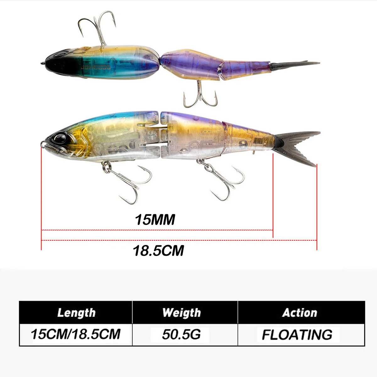 Señuelos de pesca Johncoo Hardbait 185mm 50,5g Swimbaits hoja de Flash cuerpo flotante articulado Lucio señuelo de fundición larga para lubina - imagen 4