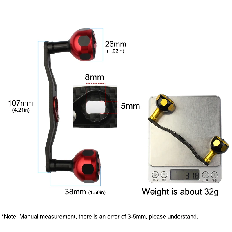 EKFan 1 pieza de longitud 107mm 8*5mm tamaño del agujero mango de carrete de pesca perilla de aleación de aluminio con fibra de carbono para carrete de Baitcasting - imagen 5