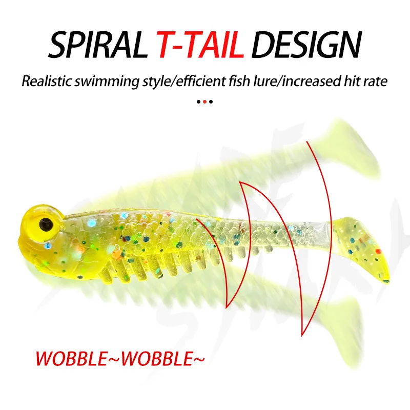 Señuelos de Pesca blandos de cola en T con paleta de 10 piezas, plantilla realista, Wobbler, carpa que brilla en la oscuridad, plástico Artificial, Swimbait colorido - imagen 5