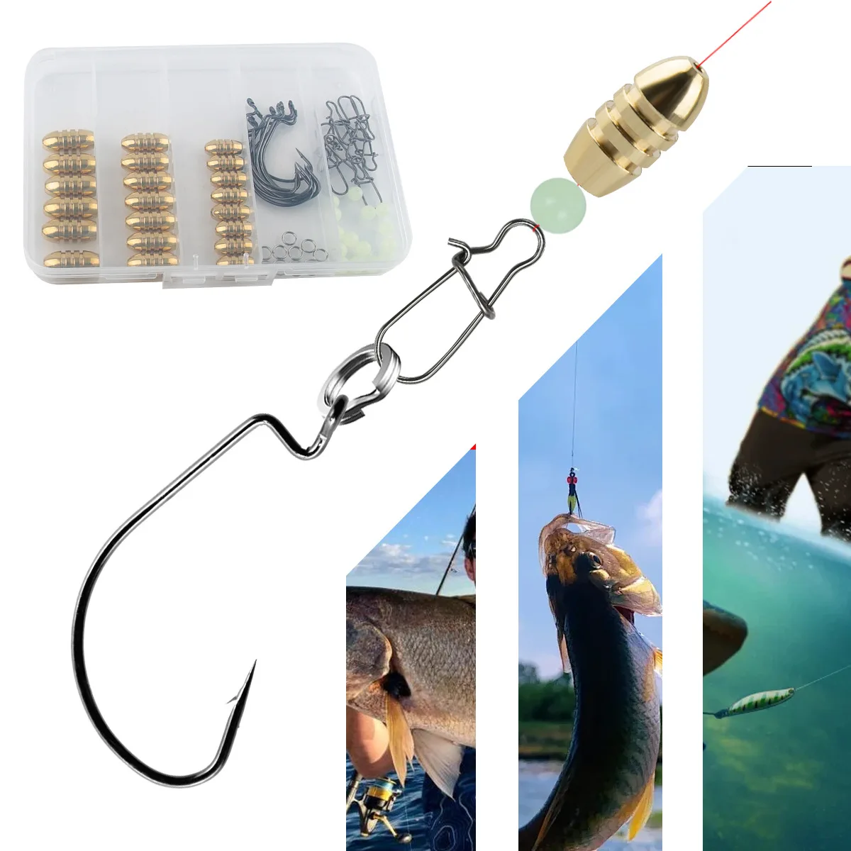 Juego de plomos de pesca con pesas de latón, anzuelos de plantilla, conector de anillo giratorio de pesca, caja de plástico - imagen 5