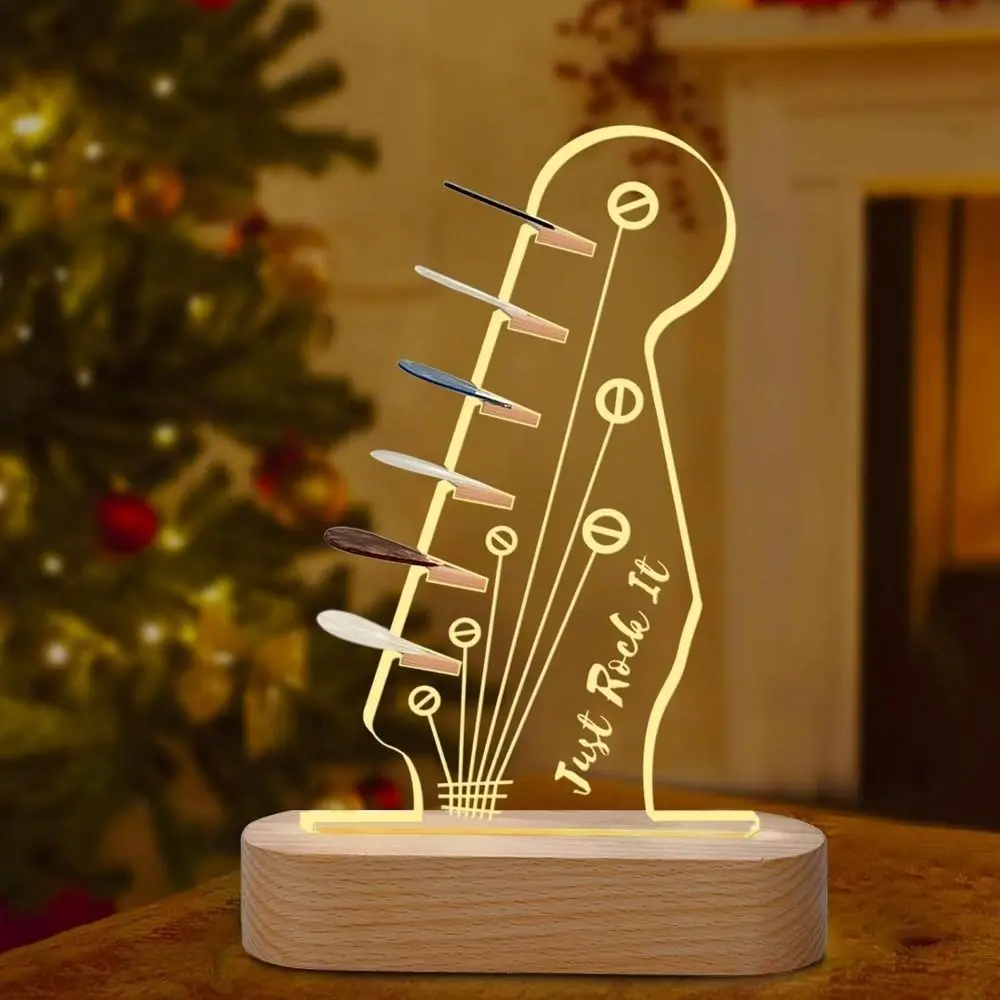 Soporte para púas de guitarra iluminado, soporte de exhibición para púas de guitarra con forma de cabezal acrílico con estante de almacenamiento de Base de madera nocturna ligera - imagen 2