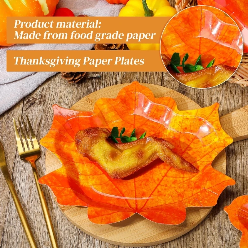 Platos de papel de Acción de Gracias, platos de fiesta en forma de Hojas de arce, platos de cena desechables para otoño y fiesta de Acción de Gracias, 8 Uds. - imagen 4
