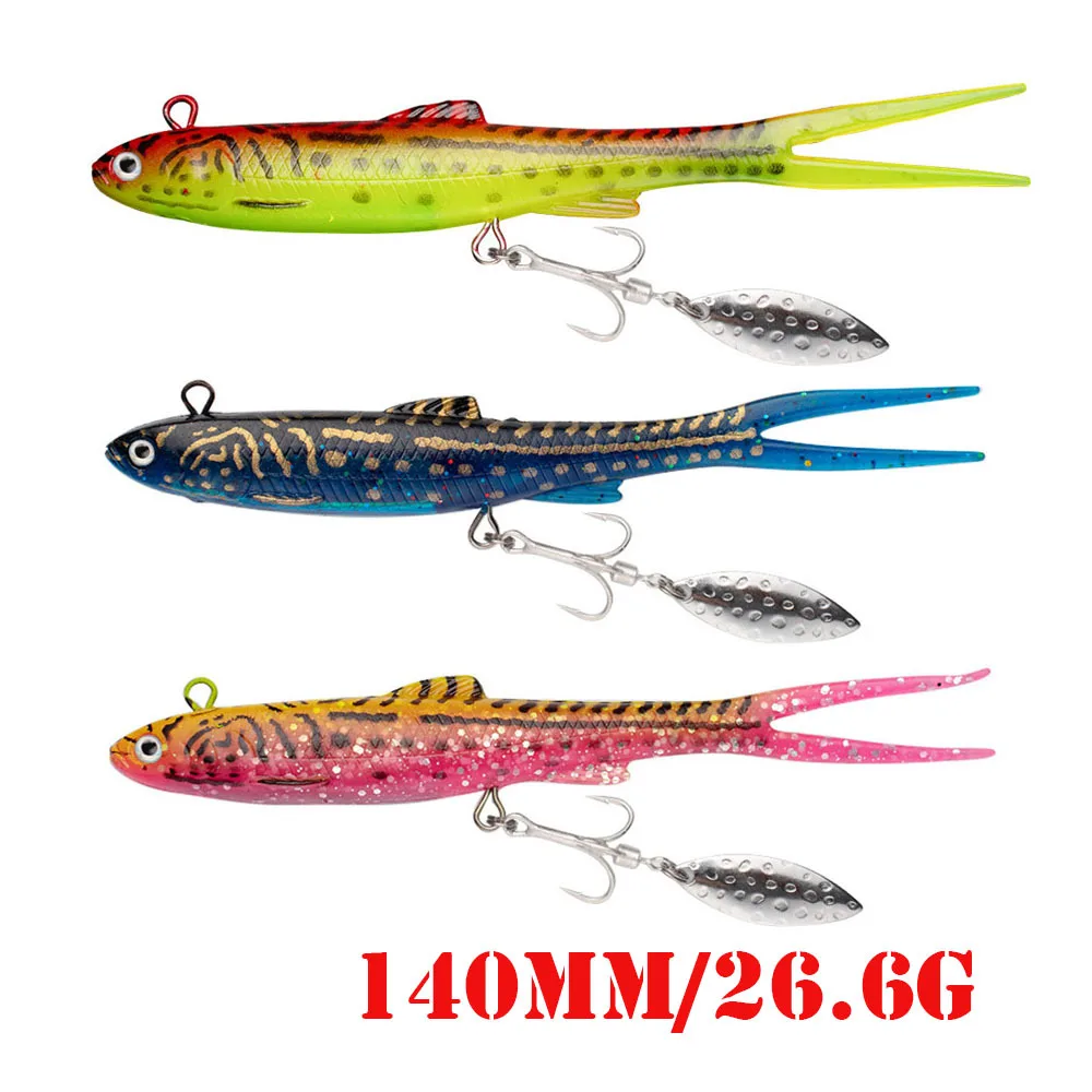 Anzuelos de plantilla de 140mm, cebo suave de silicona con cola en T con cuchara giratoria, Wobblers de lentejuelas, señuelo de pesca Artificial para Lucio, Swimbait - imagen 2