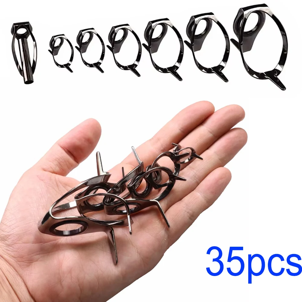 Kit de reparación de tapas de punta de guías de caña de pescar de 35 piezas 8 # -25 #   Juego de reemplazo superior de punta de guías de cañas de pescar de acero inoxidable