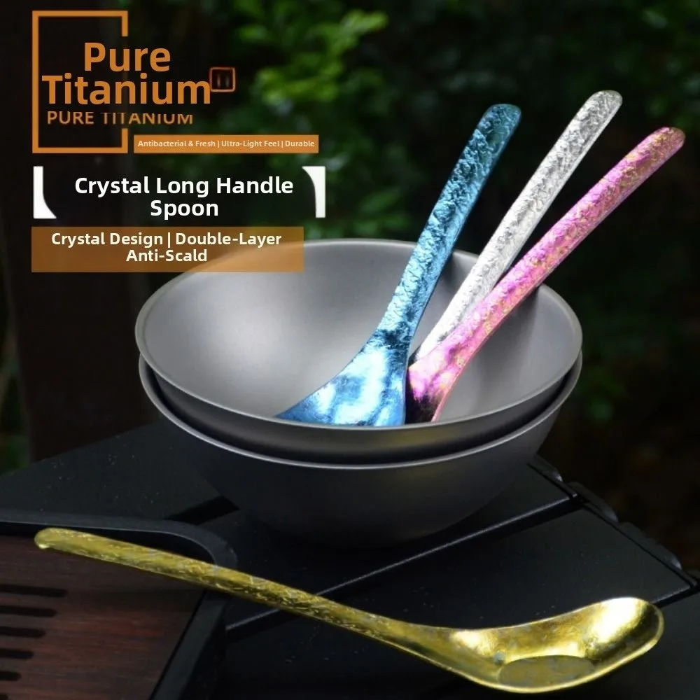 Vajilla portátil para acampar al aire libre, cuchara de titanio agitadora de cristal con flores de lujo, práctica y ambiental