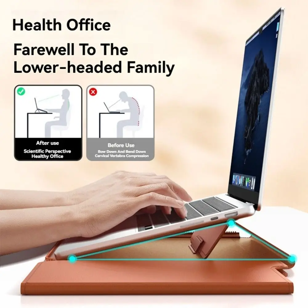 Funda para portátil de 13-14/15-16 pulgadas, bolsa de transporte multifunción con cierre automático y soporte de cuero para Macbook Air - imagen 4