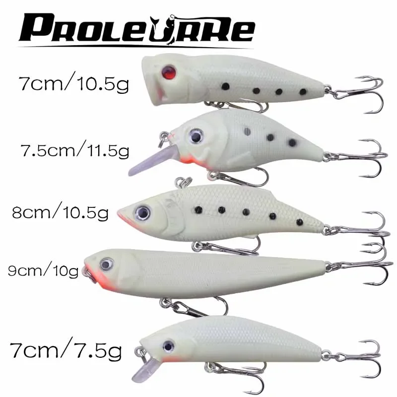 5 uds señuelo de pesca nocturno Kit de cebo VIB Popper Crankbait Minnow lápiz cebo Artificial luminoso con caja de señuelos - imagen 2
