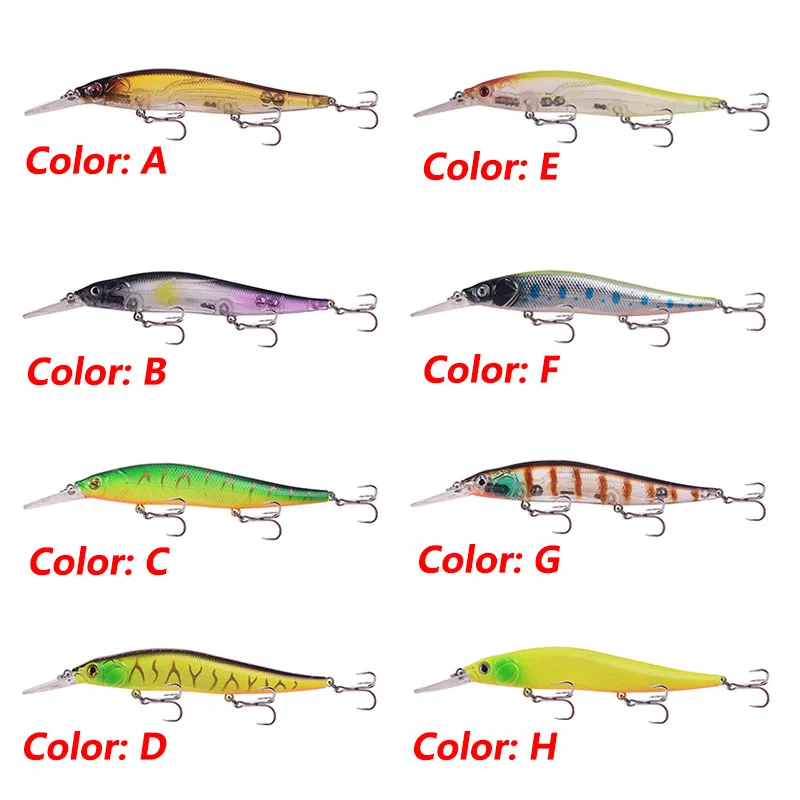 Una colección de señuelos artificiales que se utilizan en la pesca para imitar la apariencia y el movimiento de los peces. Cada señuelo está etiquetado con un código de color diferente (A, B, C, D, E, F, G, H), que indica el patrón de color específico de ese señuelo.