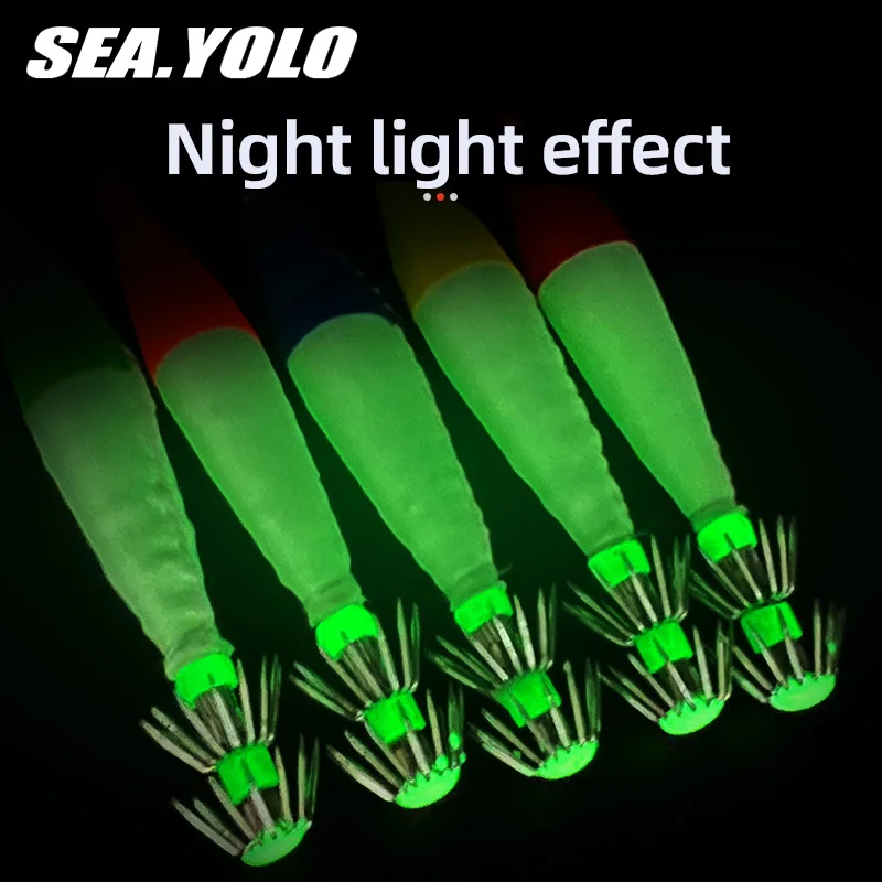 Sea.Yolo-señuelo de pesca de madera, anzuelo de calamar y camarón, rollo de tela luminoso, anzuelo de calamar para pesca de pulpo y sepia, 5 uds. - imagen 4