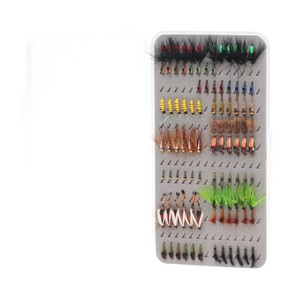 Una selección diversa de moscas de pesca que se exhiben en un acuerdo organizado visualmente atractivo