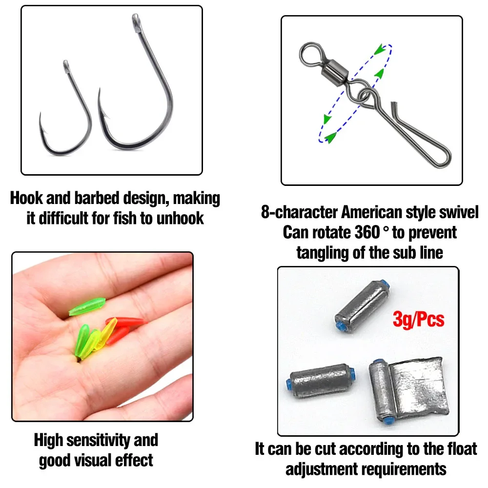 79 Uds flotadores de pesca Bobbers de resorte de madera Balsa, anzuelo de pesca, giratorio de pesca, plomo de pesca, accesorios de asiento flotante de Color - imagen 5