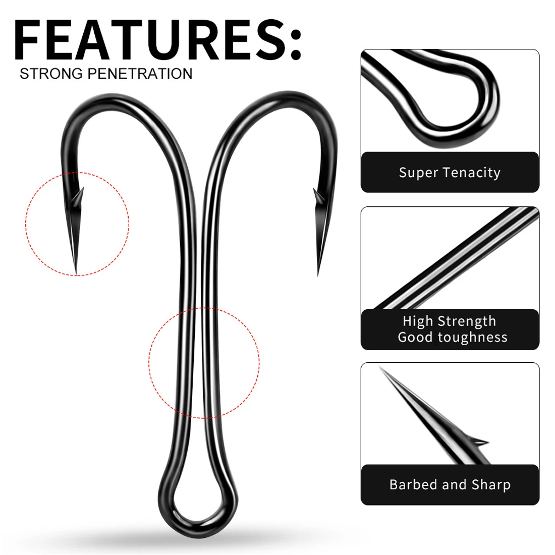 FishTrip-anzuelo de pesca doble, 50-200 Uds., anzuelos de rana, atado de moscas, anzuelos de pesca con púas afiladas, acero rico en carbono, agua dulce y salada - imagen 4