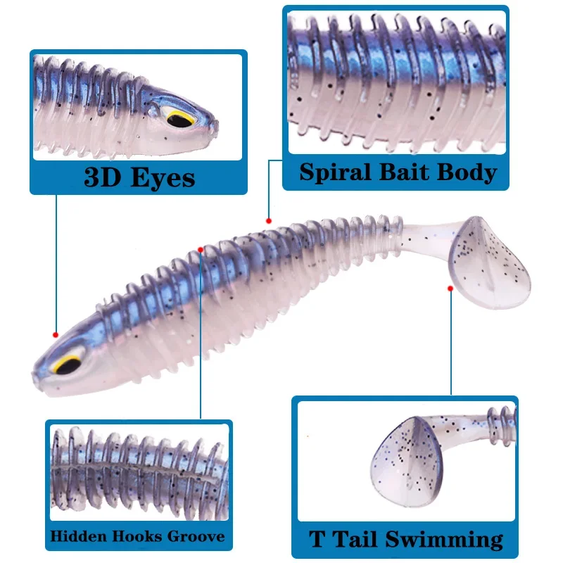 Cebo suave de silicona con ojos 3D, 8cm/11cm, cola en T, Señuelos de pesca Jigging, Wobblers, doble Color, Lucio, aparejos de Swimbait artificiales