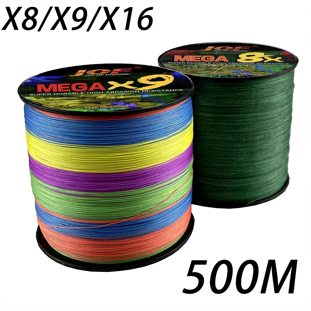 JOF-sedal de pesca de PE trenzado resistente a la abrasión, 8 hebras, 9 hebras, 16 hebras, súper fuerte, antimordida, 18-200LB, herramientas de pesca de 500M