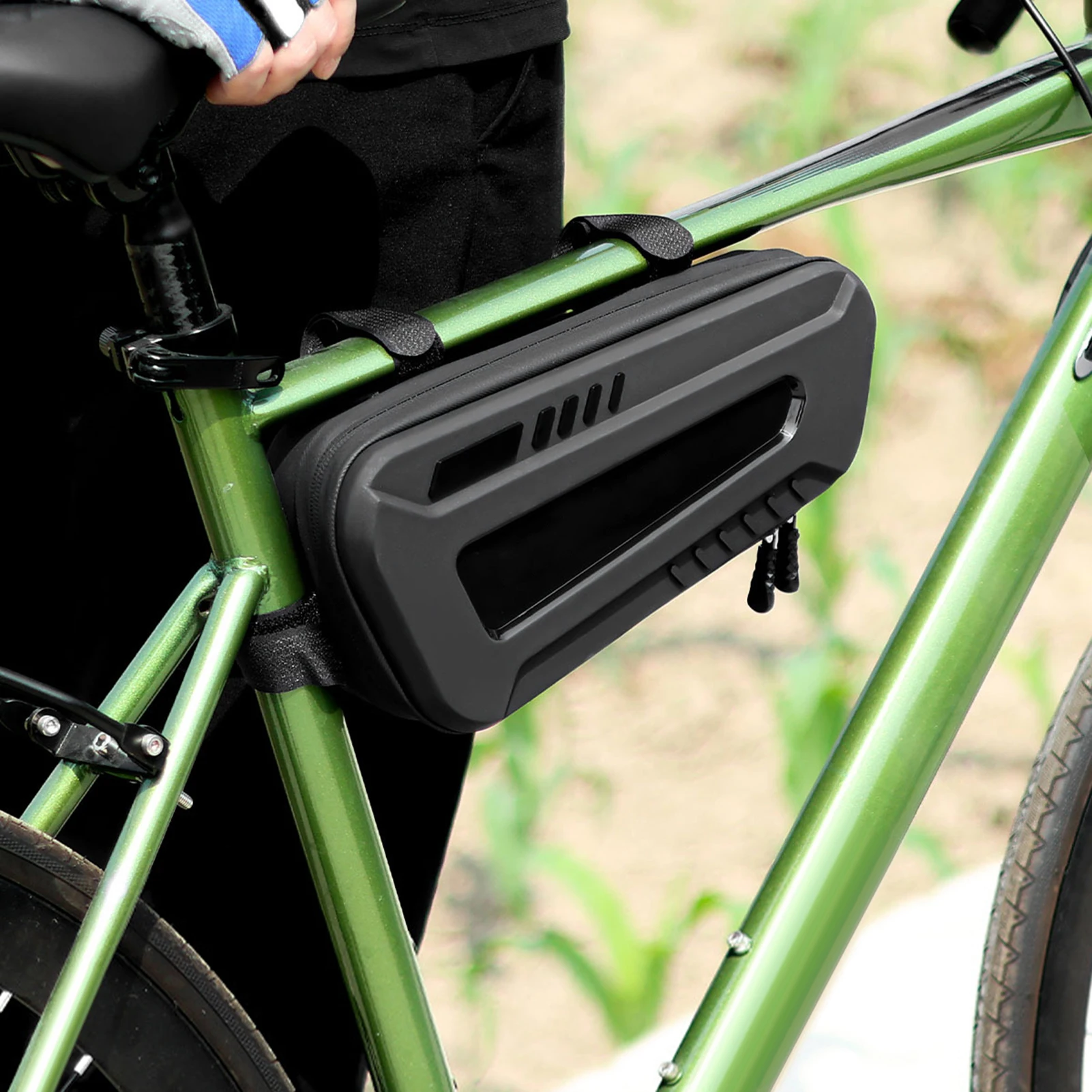 Bolsa triangular para cuadro de bicicleta Exterior duro para montar en montaña con almacenamiento de tubo superior y bolsa para cuadro triangular de bicicleta con fijación de tres puntos