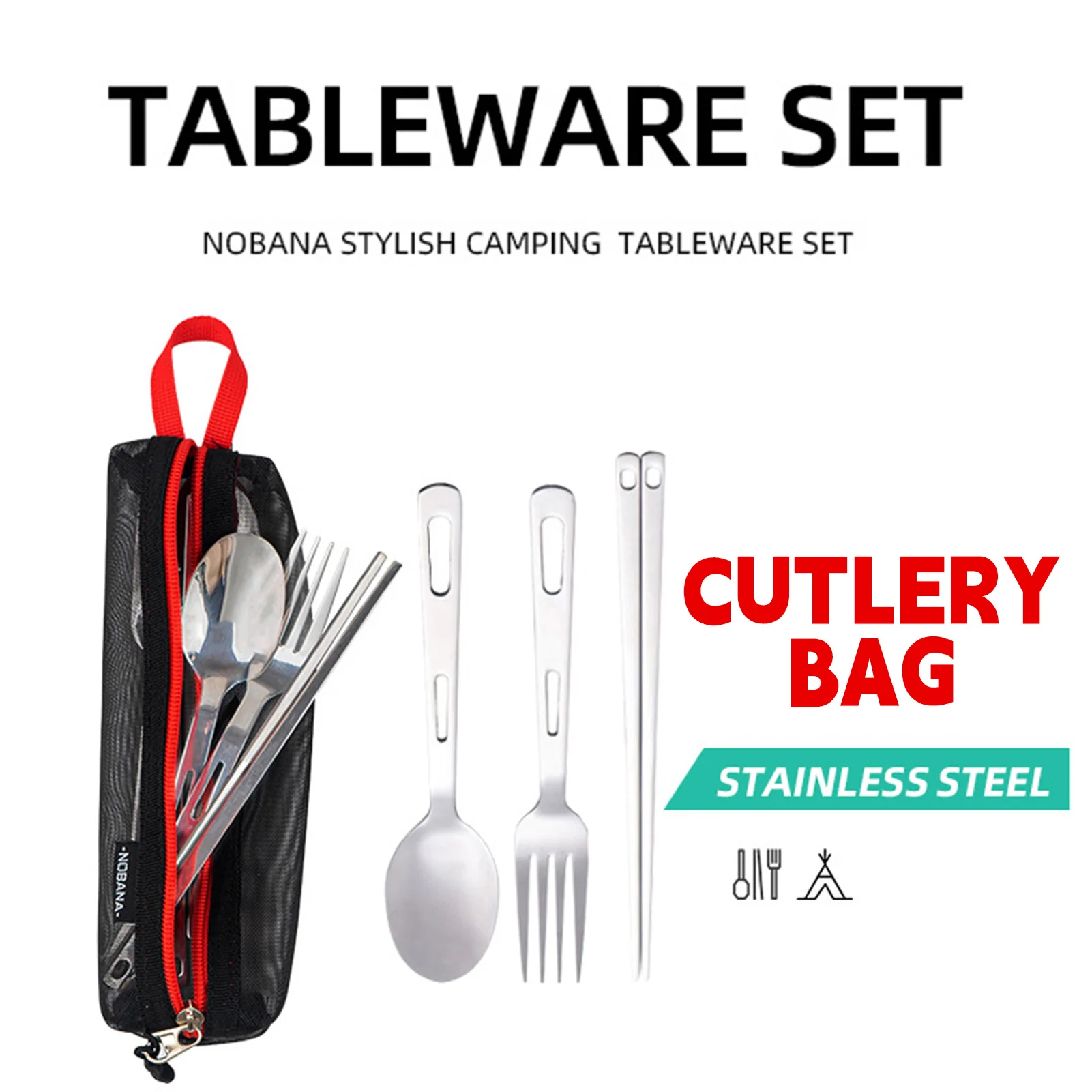 Juego de vajilla portátil para acampar, cuchara duradera de acero inoxidable, tenedor, palillos para 1-3 personas, cubiertos para pesca, Picnic y barbacoa - imagen 4