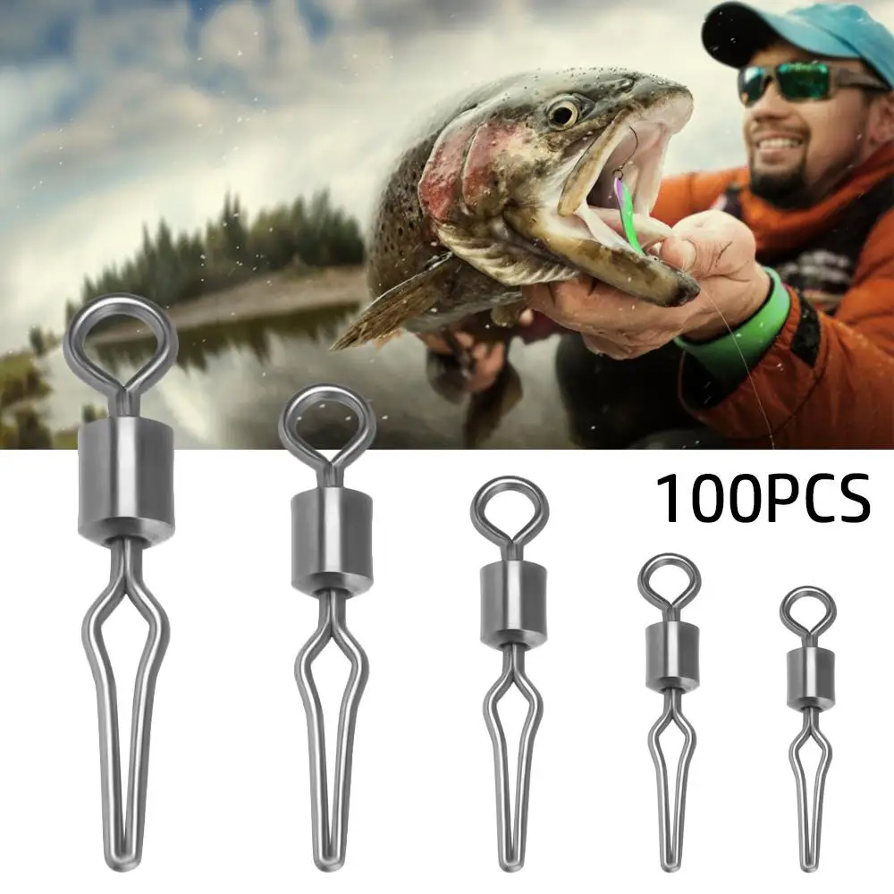100 Uds. Giratorios con Clip de línea lateral, anzuelos colgantes de pesca y conector de basura, barril giratorio, suministros de pesca