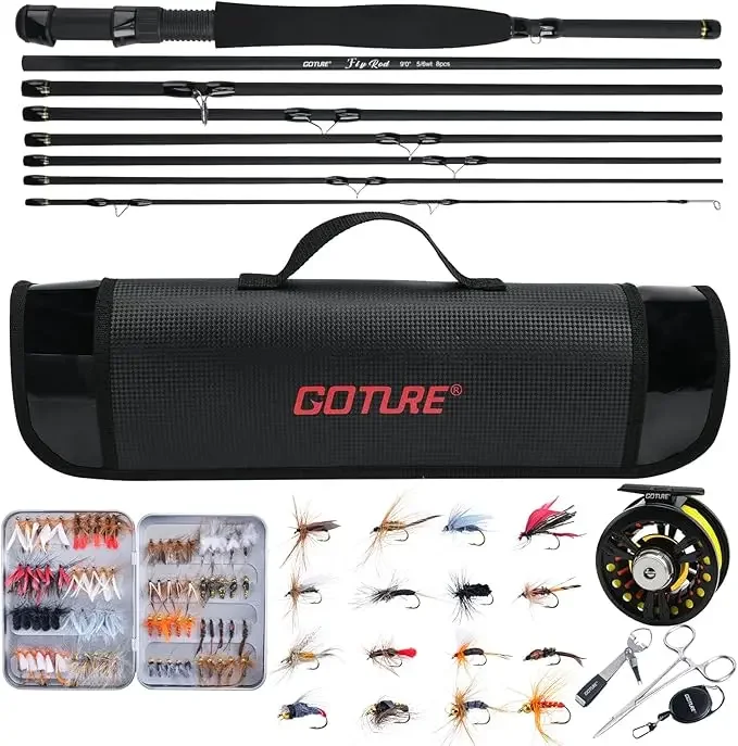 Goture-Kit de iniciación de pesca con mosca, Combo de carrete de caña de 5/6WT con 80-90 Uds., bolsa de almacenamiento de moscas, caja de aparejos, juego de pesca en corriente para principiantes