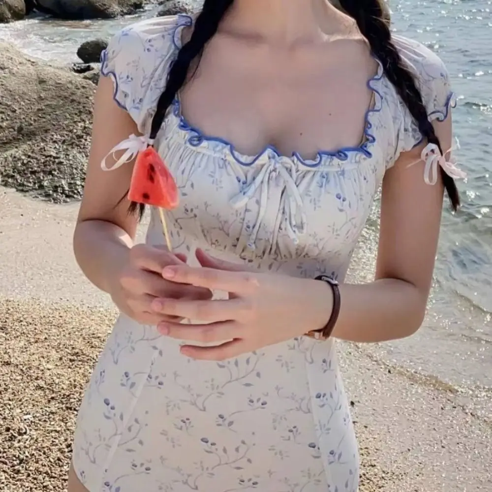 Traje de baño ajustado con estampado de volantes, traje de baño acolchado con estampado de corazón, ropa de playa con cordón y patrón de puntos, estilo femenino - imagen 4