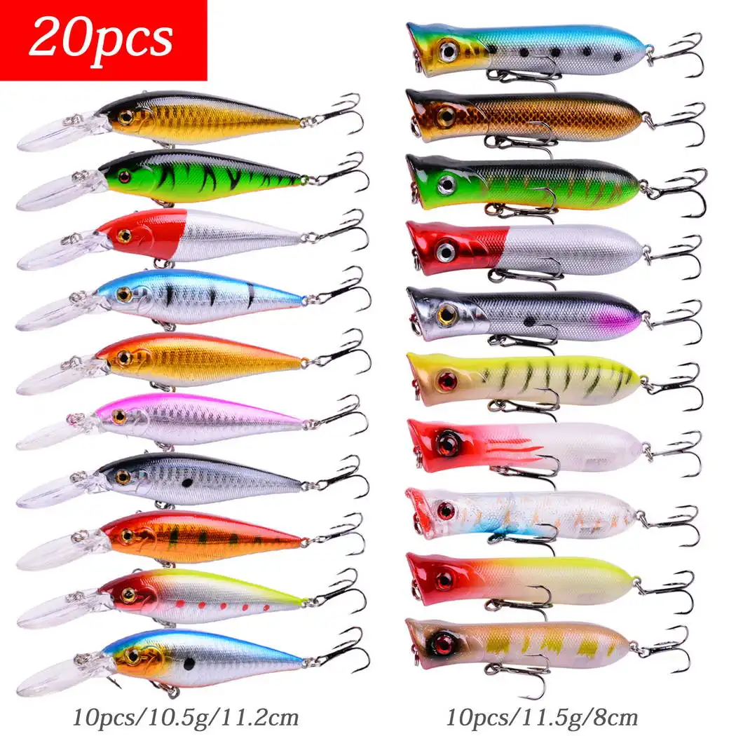 Kit de Señuelos de Pesca de 20 piezas, juego de Señuelos de Pesca Wobbler, cebo Artificial para pececillos, cebos duros biónicos con manivela Popper Vib - imagen 3