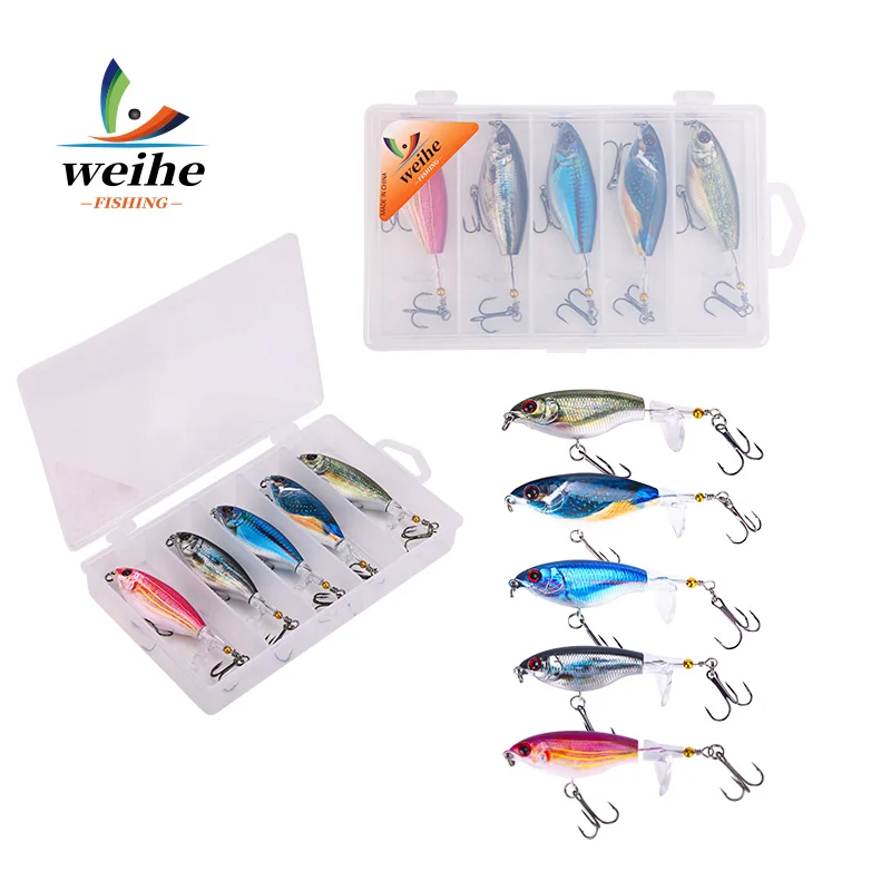 Weihe 5 piezas 11.4g9.5cm Tractor de impresión 3D 2 #   Señuelo duro de hélice topwater con gancho de tres respaldo reforzado con cola dura en espiral