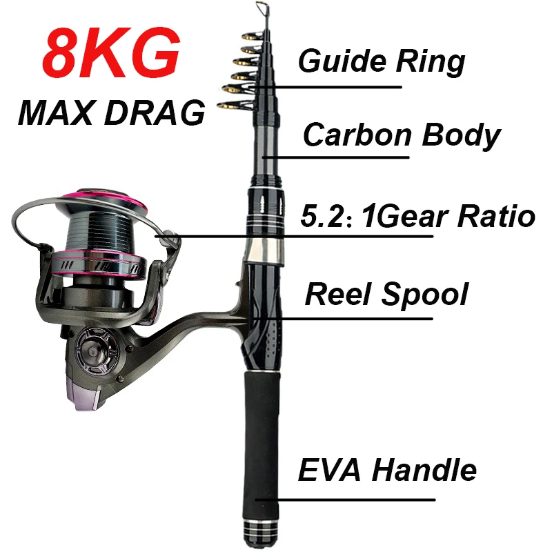 Caña de pescar telescópica de fibra de carbono de 1,5-2,4 M, Combo de caña de alimentación de viaje y carrete giratorio, relación de engranaje 5,2: 1 para todas las aguas - imagen 2