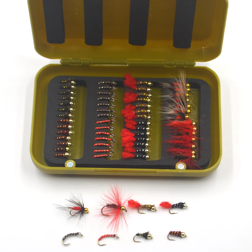MNFT 56/40 Uds cabeza de cuentas juego de moscas de pesca con mosca moscas secas con una caja cebo de ninfa Artificial trucha lubina azul enmalle mosca Flie Combo - imagen 3