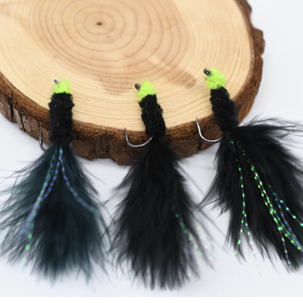 MNFT-6 piezas, 6 #, huevo negro, Mosca de sanguijuela, marabú de cabeza amarilla con serpentina de pesca de trucha Flashabou - imagen 5