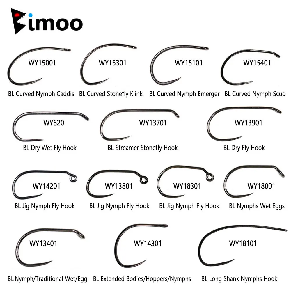 Bimoo 30 Uds. Anzuelo de atado de moscas sin púas de acero rico en carbono para atar plantilla Ninfa Stonefly Caddis Ninfa mosca seca húmeda señuelos de pesca de trucha