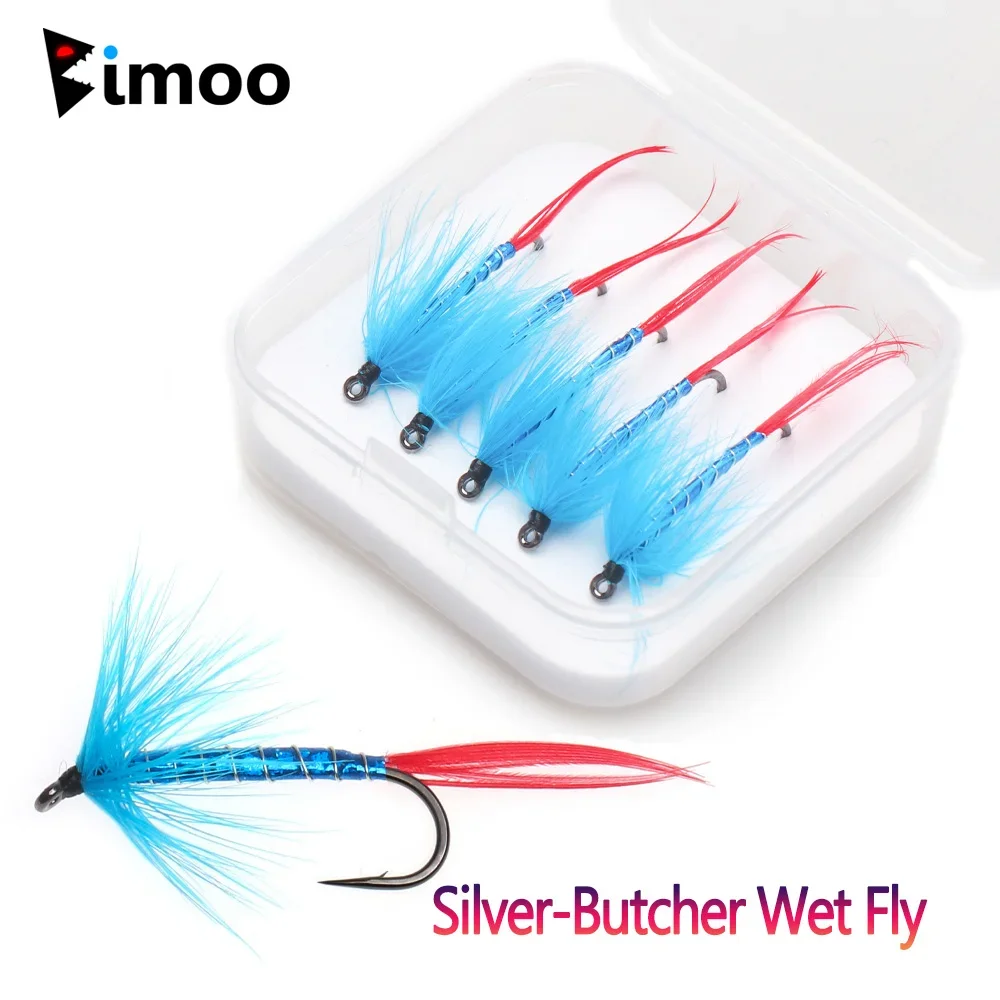 Bimoo 5 unids/caja 4 #   Señuelos de pesca con mosca húmeda para adultos, señuelos de pesca con diseño de gallo, Hackle, realista, May Fly, ninfa, trucha, azul y rojo - imagen 2