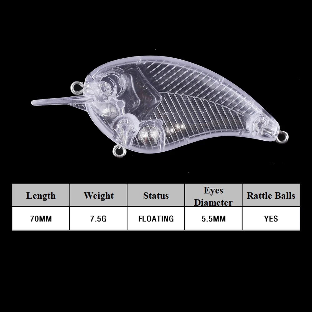 Chan'sHuang-cebo en blanco sin pintar, 20 piezas, 70mm, 7,5g, factura cuadrada flotante, sonajeros de cuerpo lateral plano, señuelo de pesca Artificial Crankbait - imagen 3