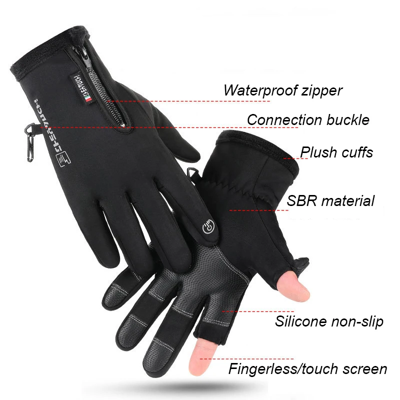 Guantes de pesca gruesos, manoplas cálidas antideslizantes, resistentes al agua, con dos dedos cortados, pantalla táctil, accesorios de pesca para invierno al aire libre, 1 par - imagen 2