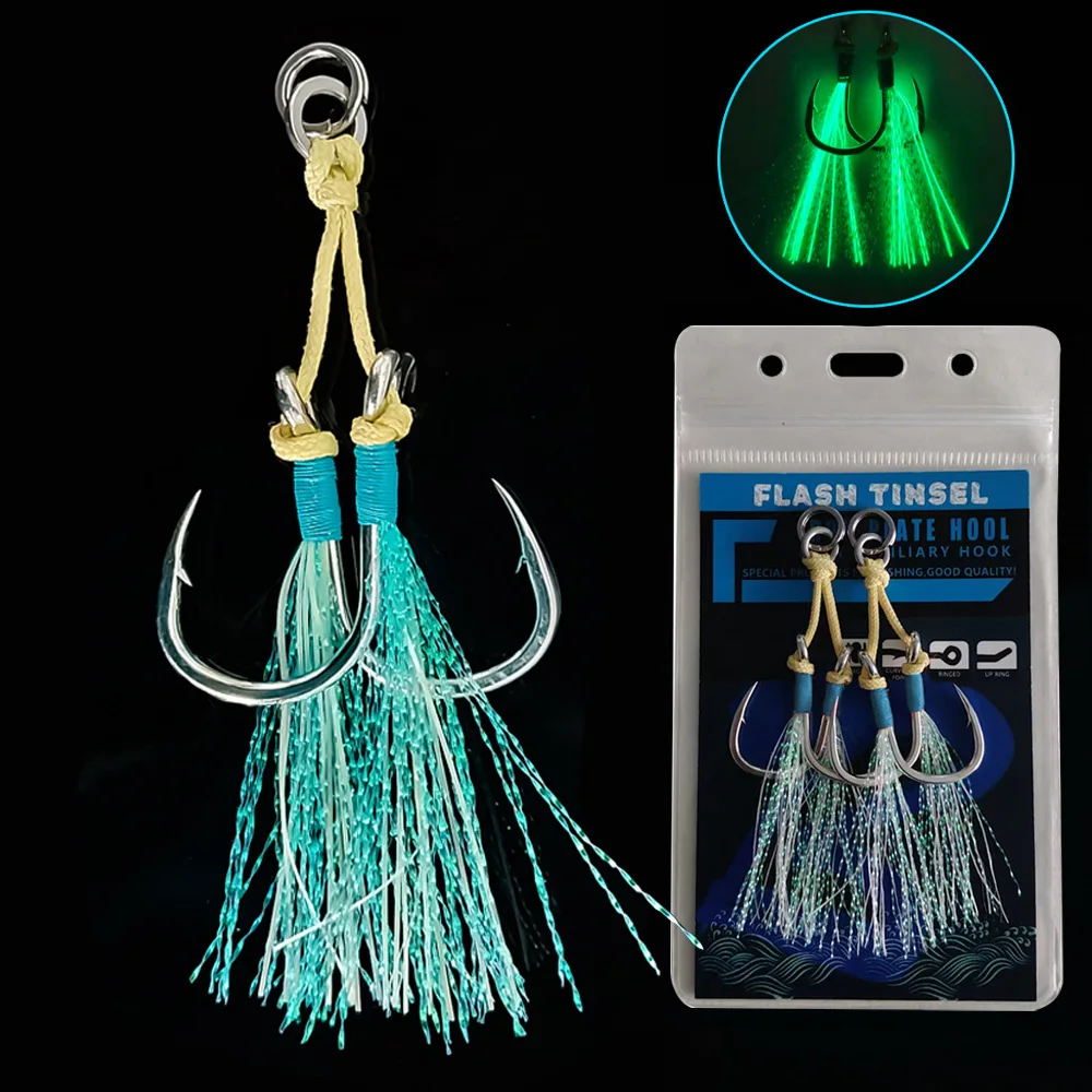 AS 10 pares de anzuelos de pesca que brillan, anzuelo doble, señuelo de plantilla, barco de pesca, anzuelo de Lucio de pesca en el mar, anzuelo de ayuda con púas de Jigging lento/rápido